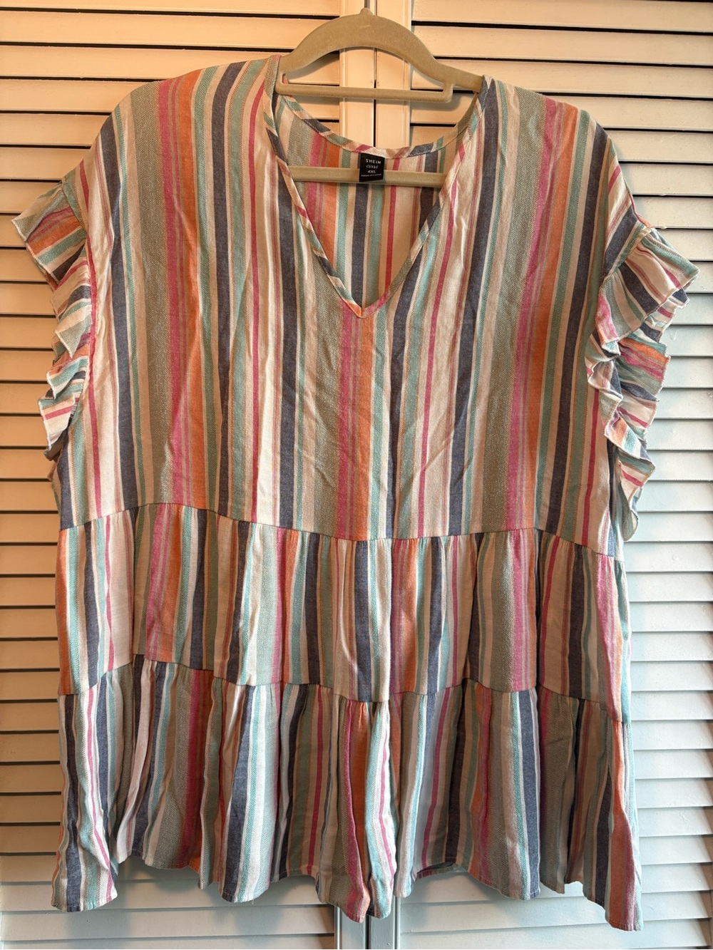 SHEIN Multi-Color Striped Ruffle Sleeve V-Neck Tunic